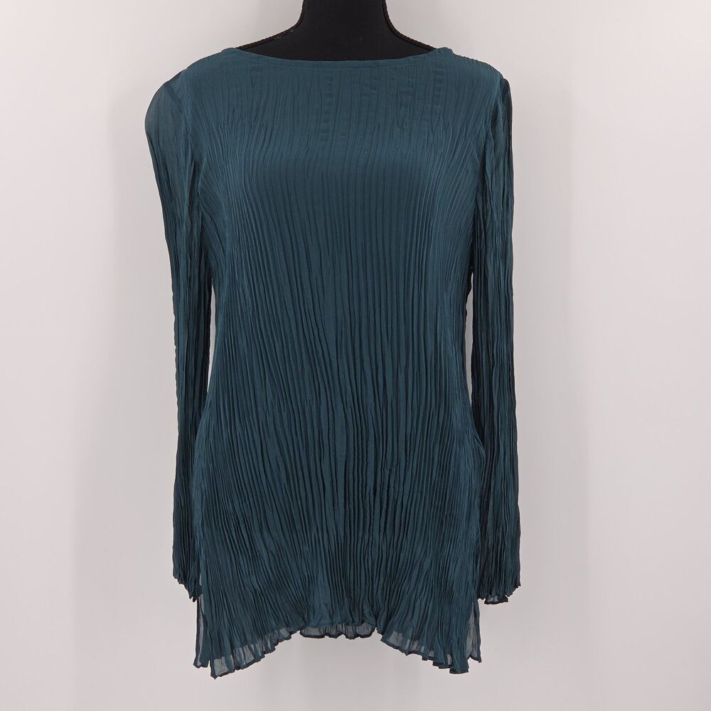 Eileen Fisher Sheer Crinkle Tunic Top Womens Size Medium Green Witchy Whimsigoth